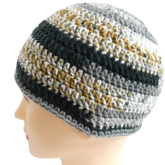 Brown Black Stripe Skull Cap OS Handmade Crochet Hand Knit Warm Beanie Hat NWT - Picture 2 of 6